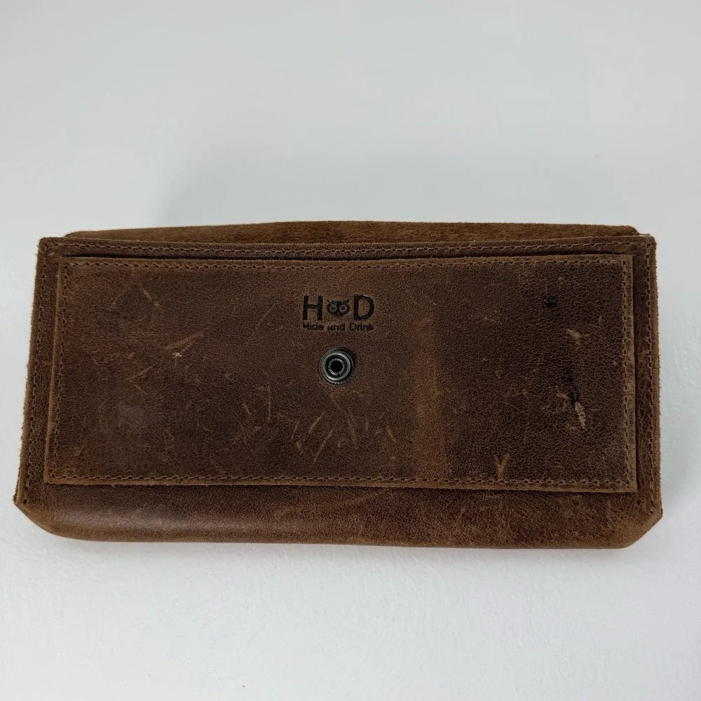 Hide & Drink Full Grain Leather Envelope Wallet Clutch Snap Brown Rustic Pouch